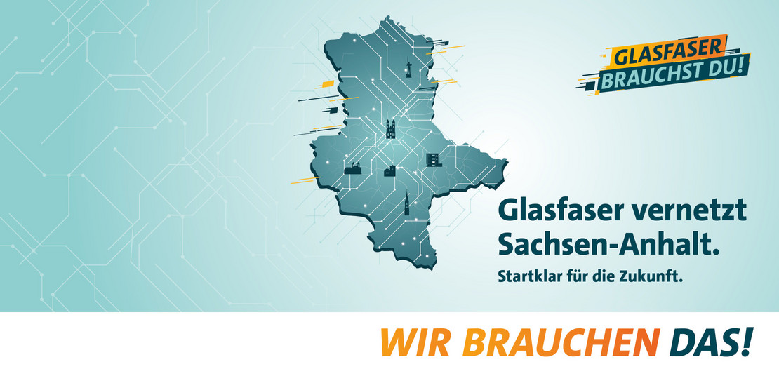 Banner - Glasfaserkampagne - Glasfaser vernetzt Sachsen-Anhalt - Silhouette des Bundeslandes