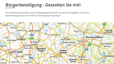 Kartenausschnitt von Sachsen-Anhalt, darüber die Überschrift "Bürgerbeteiligung - Gestalten Sie mit!"
